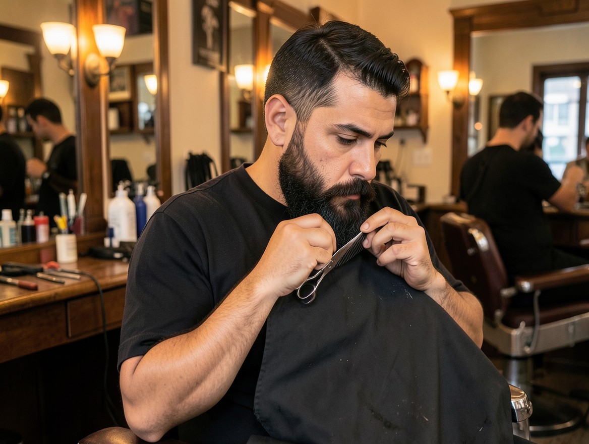 Perfilado detallado de barba con tijera y peine