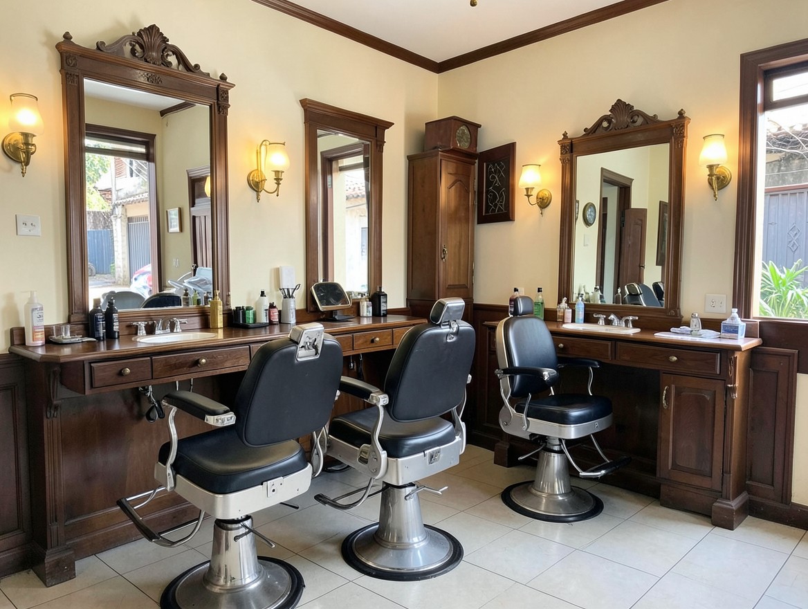 Interior de una barbería con puestos de trabajo preparados