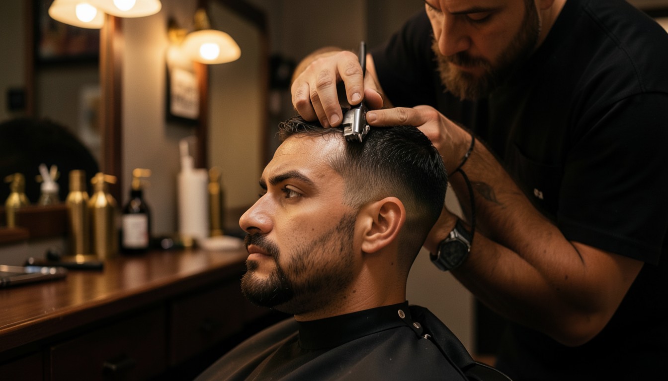 Barbero trabajando con precisión en el corte de un cliente